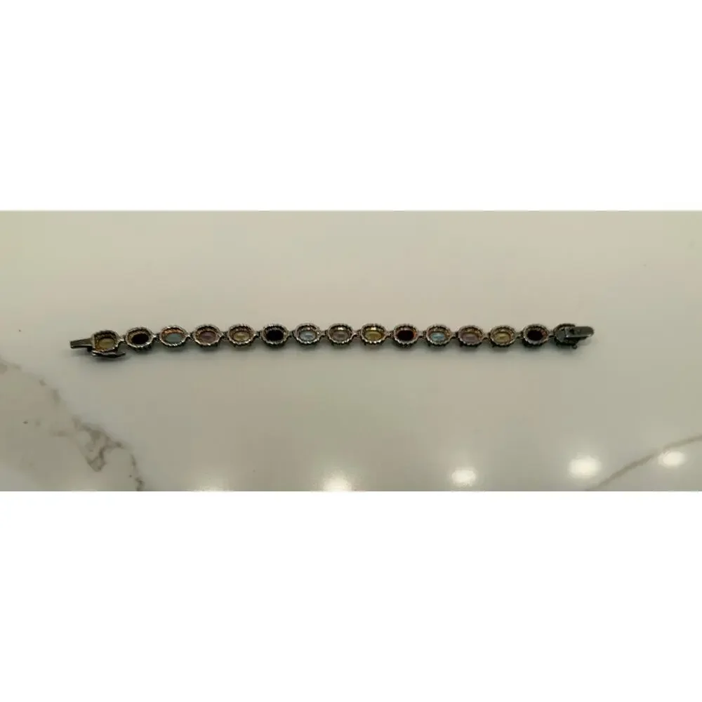 925 Thailand Sterling Silver Multi Color Gemstone Tennis Bracelet Vintage 8” 18g